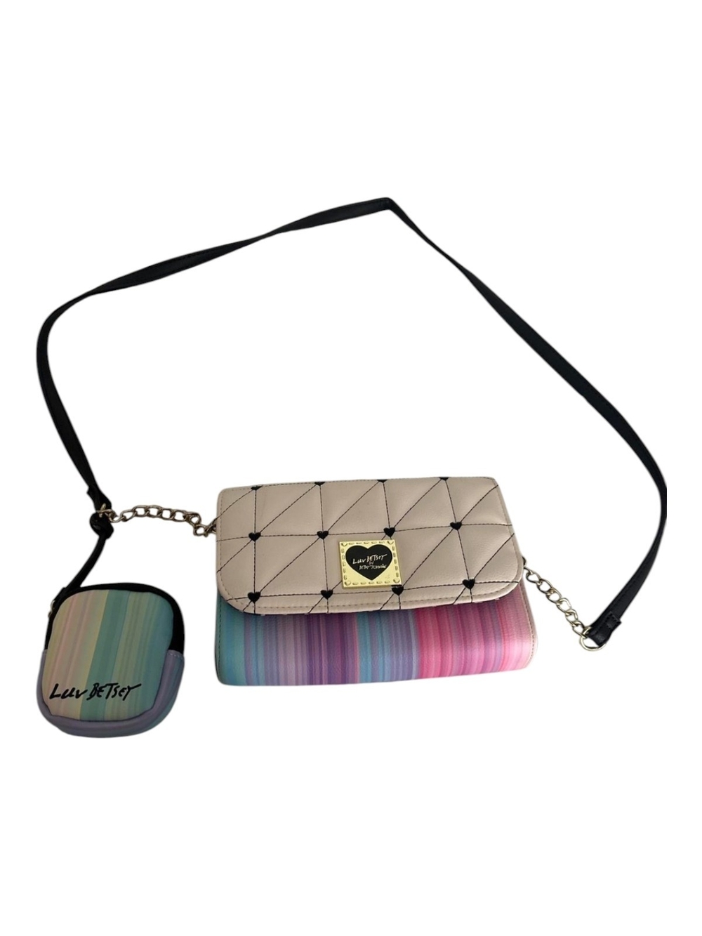 Luv Betsey Quilted Crossbody with Pastel Rainbow Stripe